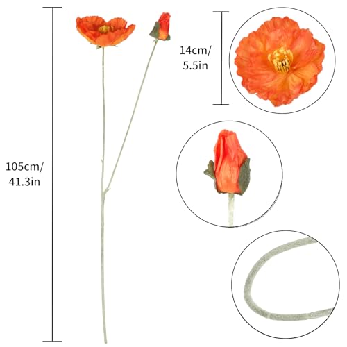 Artificial Poppies,6PCS Faux Orange Poppy Flowers 35.43in Long Stem Poppies Silk Flowers for Tall Vase Wedding Party Home Decor(Orange) - color: Orange