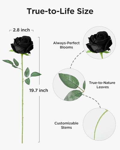 InnoGear 50 Pcs Black Roses Artificial Flowers, Fake Velvet Silk Rose Bulk Faux Flower for Decoration DIY Wedding Centerpieces Proposal Bridal Bouquets Shower Party Home Floral Decor (50, Black) - color: Black