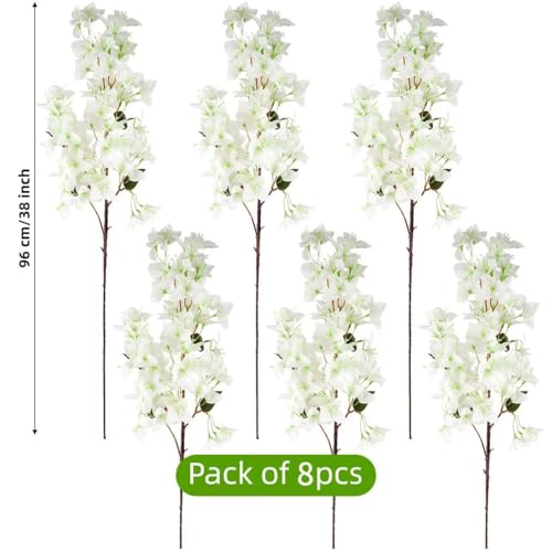 8 PCS Silk Bougainvillea Artificial Flowers，UV Resistant, 36 Branches, Long Stems Faux Flower, Realistic Fake Bougainvillea Vines, for Wedding Porch Home Party Garden DIY Decor - 38 inch (White) - color: 38inch White, size: 8 Pcs