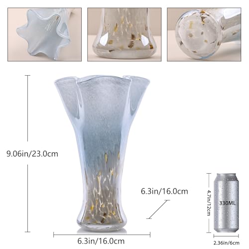 9.0"H Blue Glass Vases for Flowers, Unique Hand Blown Glass Vase Blue White Home Decor, Wide Mouth Colorful Flower Vase Centerpieces, For Living Room Table Bookshelf, Bathroom Office Shelf Decorative - color: Blue White