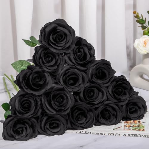 Ouddy Decor 50 Pcs Fake Roses Artificial Flowers Bulk Real Touch Velvet Silk Flowers with Long Stems for Wedding Bridal Bouquet DIY Table Centerpiece Mothers Day Valentines Gifts Home Decor, Black - color: Black, size: 50 Packs