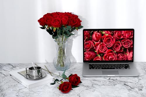 SITUMEIZI 15PCS Red Artificial Roses Silk Flowers Fake Roses Realistic Bouquet Long Stem with Gift Box for Mother's Gift Day Home Party Wedding Decorations - color: Red