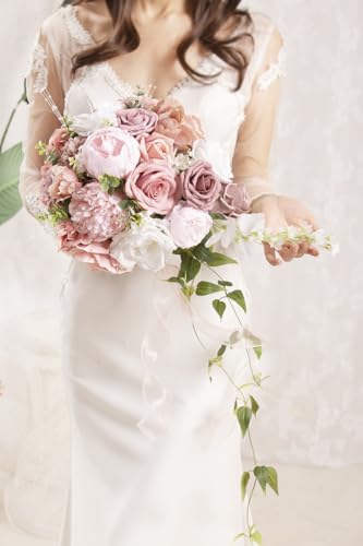 Bridal Bouquet Cascading, Dusty Rose Wedding Bouquets for Bride Bridesmaid 10" Artificial Flowers Bouquet for Wedding Decor - color: Dusty Rose & White