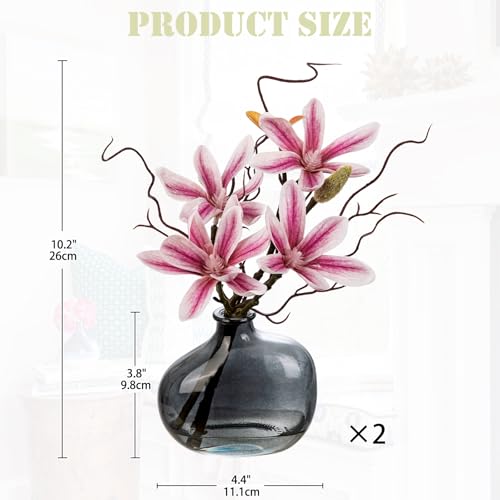 Briful 2PACK Artificial Magnolia Flowers with Grey Glass Vase, Small Faux Magnolia Arrangement Realistic Silk Flowers for Elegant Home Table Shelf Bathroom Decor, Pink - color: Dark Pink