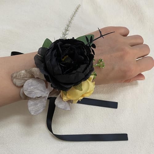 Corsage and Boutonniere Set, Handmade Artificial Peony Rose Wrist Corsage Wristlet and Groom Boutonniere for Men Wedding Prom Suit Decorations (Black and Yellow) - color: Black and Yellow