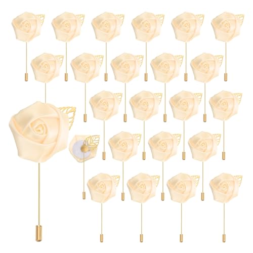 uxcell 24pcs Light Yellow Rose Boutonnieres Flower Buttonholes Pocket Boutonnieres Pins for Wedding Ceremony Anniversary Prom Formal Dinner Party - color: Light Yellow