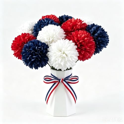 Mandy's 12pcs Artificial Red White Blue Chrysanthemum | 11.8 inch Artificial Mums Flowers for Home Table Centerpiece Summer Decor Silk Flowers for Porch Patio and Wedding - color: Red White Blue
