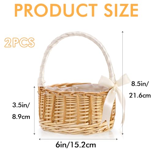2 Pack Wicker Rattan Flower Girl Mini Basket, Handmade Wedding Flower Basket with Handle Silk Ribbon, Wicker Basket for Wedding Picnic Home Decor - size: Round Basket
