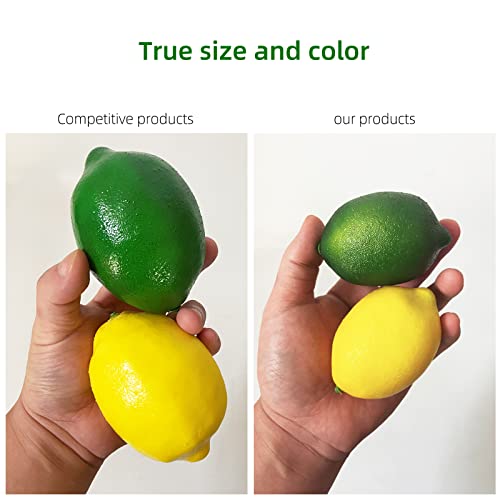 Fake Fruit Artificial Lemons 24 Pcs, Faux Lemon Leaves 12 Pcs Lifelike Fake Lemon Decor for Kitchen Table Cabinet Party Plastic Fruits Photography Prop