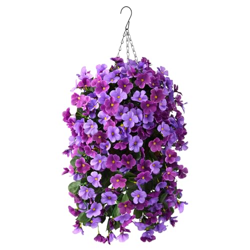 INQCMY Artificial Hanging Flowers Basket for Outdoor Summer Decoration,4pcs Faux Silk Begonia in Planter Look Real UV Resistant for Outside Home Porch Patio Balcony Yard Decor(Orchid Rose Red) - color: Deep Purple Light Purple