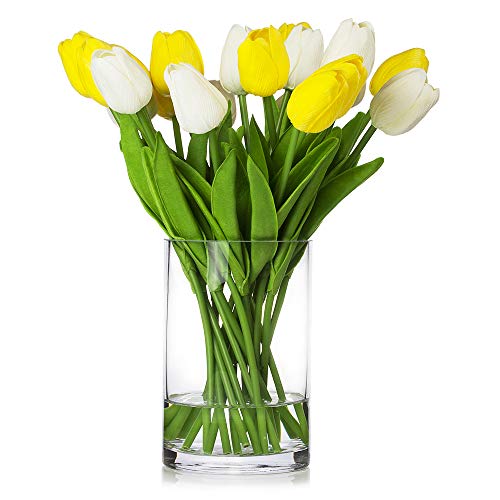20 Pieces Artificial Real Touch Tulips Flower Arrangement in Glass Vase with Faux Water for Home Decoration (White Yellow) - color: White Yellow