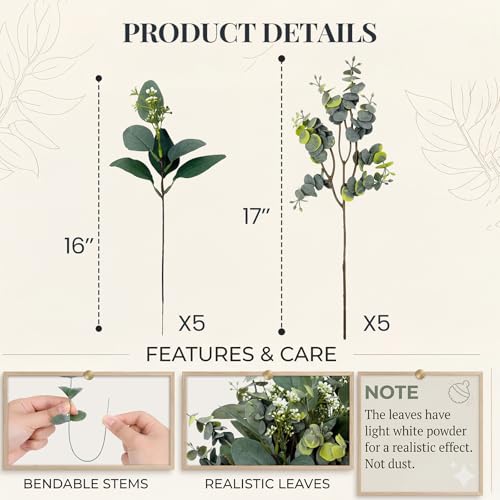 10 Pcs Mixed Eucalyptus Leaves Stems Bulk Artificial Eucalyptus Leaves Sprays Faux Oval Eucalyptus Leaves for Vase Bouquets Floral Arrangement Wreath Farmhouse Rustic Greenery Decor