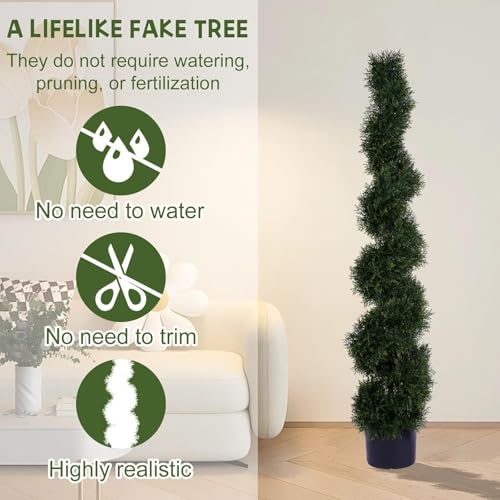 Two 5 Foot 4 Inch Artificial Cypress Spiral Trees Potted Indoor or Outdoor