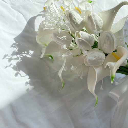 Wedding Bouquets for Bride Bridal Bouquets Artificial Tulips Calla Lily Babys Breath Flowers Bouquet for Wedding Gifts Home Decoration (White) - color: White