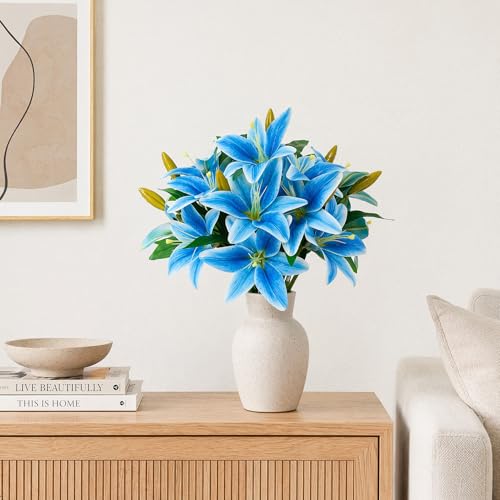 ATFL Artificial Lilies Flowers,9 Pcs Faux Lily Flowers,16''Tiger Lily Branches with 2 Full Blooms and 1 Bud,Faux Fake Lilies Plants for Wedding Bouquet Floral Arrangements (9, Blue) - color: Blue