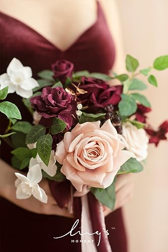 Ling's moment Burgundy Artificial Wedding Flower Bouquets for Bridesmaids Blush Floral Bouquet Mashala Bridesmaid Bouquets with Ribbon Ceremony Anniversary Homecoming,7-inch Diameter - color: Red-marsala & Blush Pink