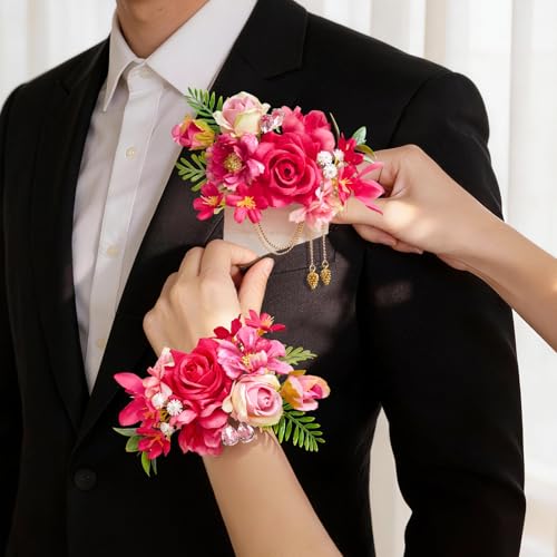 Serwalin 2Pcs Corsage and Boutonniere Set,Hot Pink Rose Corsage Wristlet and Pocket Boutonniere for Prom Wedding Homecoming Anniversary Graduation - color: Hot Pink