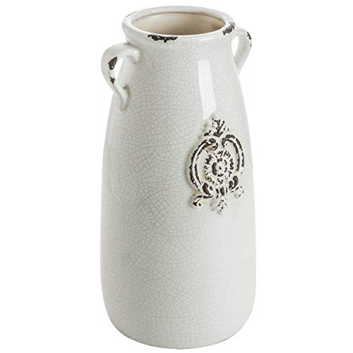 MyGift Farmhouse White Ceramic Vase with Handle and Embossed Seal Design, Antique Jug Shaped Tabletop Flower Vase