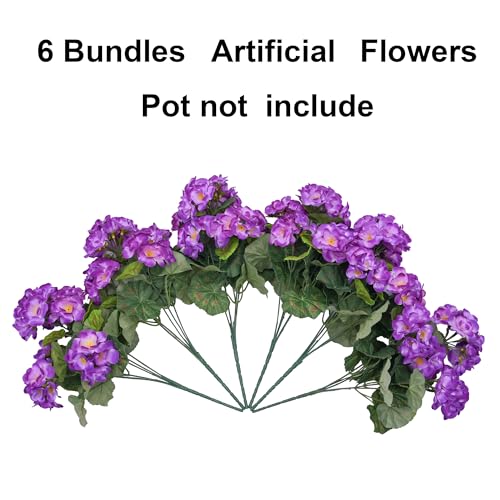 Fake Geraniums Artificial Flowers for Outdoors Outside, 6 Bundles Purple Silk Geraniums Fake Flowers Plants Realistic UV Resistant Faux Flowers for Outdoor Planters Garden Balcony Yard Porch Indoor - color: Purple