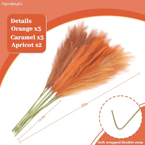 Agusbagli 8 Pcs Orange Faux Pampas Grass Decor 35“ Fluffy Fall Artificial Colored Pampas Grass Large Fake Pompous Grass Stems Tall Flower Arrangement Floor Vase Filler for Home Wedding Boho Decor - color: Orange & Caramel & Apricot