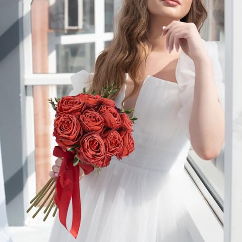 IPOPU 10PCS Roses Artificial Flowers Realistic Silk Flowers Faux Red Roses Bouquet with Long Stem for DIY Wedding Bouquet Table Centerpiece Home Party Decor(Red) - color: Red