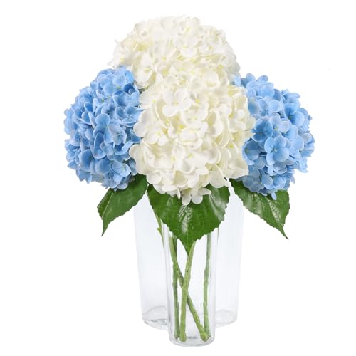 DuHouse 4Pcs Large Hydrangea Artificial Flowers,20 inch Latex Real Touch Hydrangeas for Home Wedding Bouquets Centerpieces Party Living Room Decoration(2Pcs Blue+2Pcs White) - color: 2pcs Blue+2pcs White, size: 4pcs