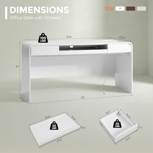 63" Modern Computer Desk with 2 Drawers, Wood Curved Executive Desk with Keyboard Tray & Power Outlet, Writing Desks with Storage for Home Office, Study Room, Living Room (White) - color: White