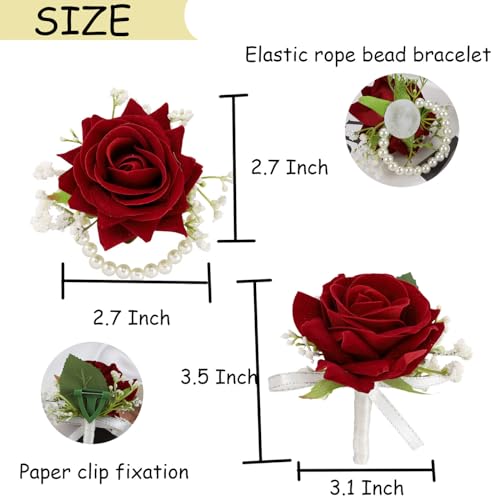 Red Wrist Corsage and Boutonniere Set Rose Silk Corsage for Prom Wedding Brides Pocket Boutonniere for Men Prom Party Decor 2PC - color: Red Corsage - Single Chain