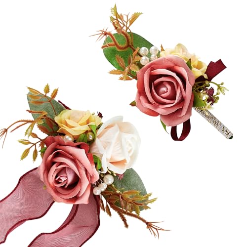 SITUMEIZI 2Pcs Corsage and Boutonniere Set Wrist Corsage Bracelets and Boutonniere for Men Wedding Prom Party Suit Decor (Pinkish Orange) - color: Pinkish Orange