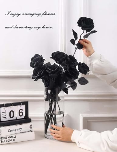 Laelfe 12 PCS Artificial Flowers Black Roses, Fake Silk Flower Long Stem Artificial Rose for Home Wedding Party Decorations(Black Halloween) - color: Solid Black