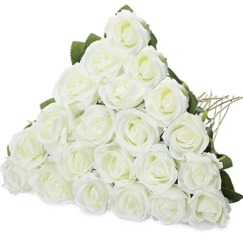 Hotop 20 Pcs Artificial Rose Flowers with Long Stem, Real Lifelike Silk Realistic Plastic Bouquet Roses Bulk for Home Decor Bridal Wedding Party Table Centerpieces Decorations(White) - color: White