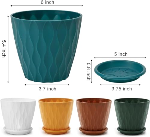 YNNICO 6 inch Plant Pots, 5 Pack Flower Pots Outdoor Indoor, Planters with Drainage Holes and Tray Saucers（Multicolor） - color: Multicolor, size: 6 inch