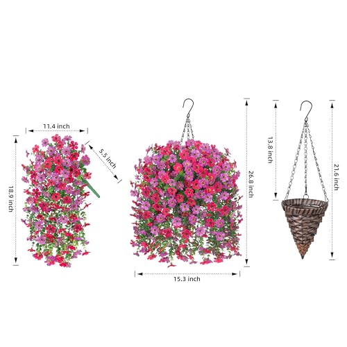 HyeFlora Artificial Hanging Flowers Basket for Outdoor, Fake Flowers Faux Plants Look Real for Yard Gardens Porch Patio Home (Purple+Hotpink) - color: Purple+hotpink