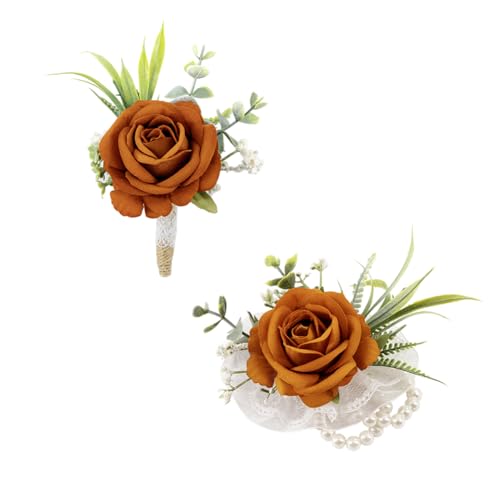 Ansofi Burnt Orange Corsage and Boutonniere Set Artificial Rose Flower Wrist Corsage and Boutineers for Groom Groomsmen Bride Bridesmaids Prom Rustic Vintage Wedding Decor - color: Burnt Orange