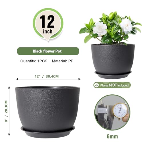 Meowell 12 inch Large Plant Pots, Plastic Planters with Drainage Holes and Saucers, Flower Pots for Indoor Outdoor Plants, Modern Decorative Pots for Garden House Plants, Black - color: Black, size: 12inch C