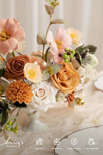 Ling's moment Fake Flowers Box, Faux Artificial Greenery Stems Foam Roses Tulip Silk Poppy Fabic Flower for Centerpieces Bouquet Wedding Floral Vase Table Decorations, Apricot & Peach, Grand Combo - color: Or-apricot & Peach, size: Grand