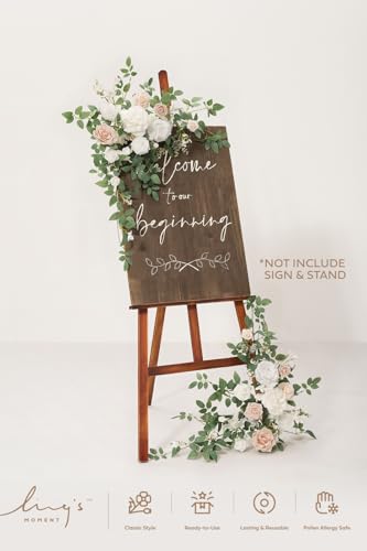 Ling's Moment 2pcs Wedding Flowers Garland Artificial Floral Swag Arch Decorations Rose Greenery Arrangements White & Sage Ceremony Reception Garden Easel Wall Entryway Outdoor board(NOT Include Sign) - color: White & Sage