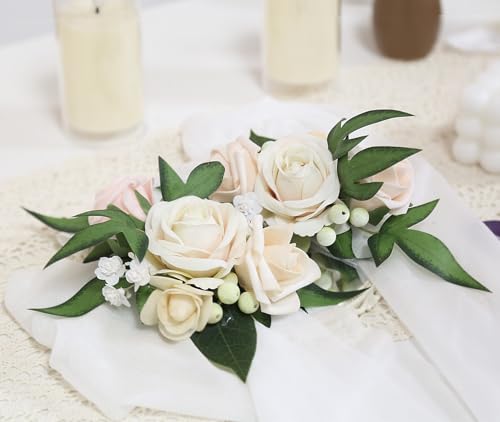 2pcs Wedding Shoulder Rose Corsage Artificial Flowers Champagne Faux Flowers for Bride Bridal Girl/Mother Homecoming/Prom Anniversary Party Corsages Wrist Decor (Champagne) - color: Ivory White