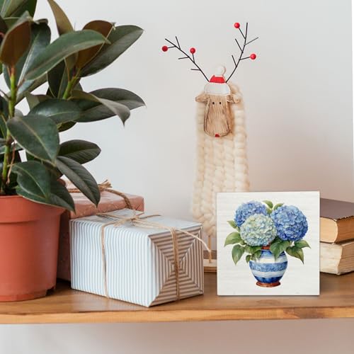 Hydrangea Floral Decor Wooden Signs,Blue And White Porcelain Chinoiserie Wooden Box Sign,Blue Hydrangea Desk Accessories Decor For Home Desk Tabletop Shelf Decoration 5x5 Inches - color: Hydrangea Floral