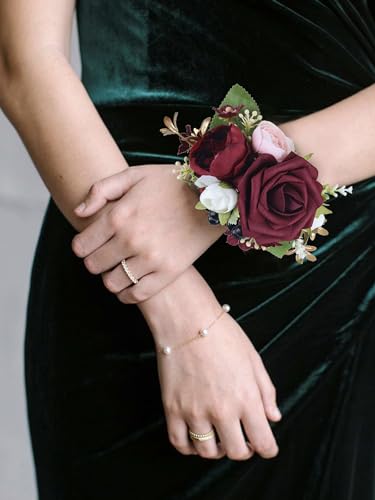 Rinlong 2Pcs Burgundy Wrist Corsage for Wedding, Prom, Homecoming | Bridesmaid Wristlet, Mother of the Bride Flower Corsage - color: 09-burgundy