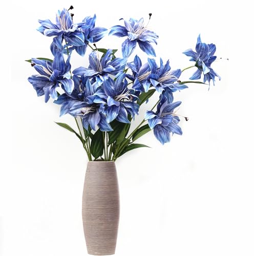 Fake Lily Flower Stargazer Lily Artificial Flowers Decoration, Long Stems Vintage Real Touch Faux Silk Lilies Bouquet for Spring Indoor Home Office Wedding Party Centerpiece Arrangement - Blue 4 Pack - color: Lily Flowers - Blue 4 Pcs
