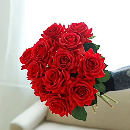 ZMZQ&flw Red Roses Artificial Flowers 12PCS, Real Touch Silk Flowers, Realistic Single Fake Flower with Stems Leaves - color: Red 12pcs
