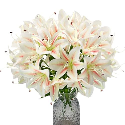 Daily Treasures 2Pack Artificial Lily Flowers, Faux Tiger Lily Bouquets with 10 Heads per Stem (2 Stems, 20 Heads Total), Pink White Blooms, 17.7in Silk Lilies for Home Hotel Decor