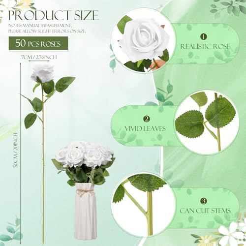 Jexine 50 Pcs Artificial Rose Flower Bulk Realistic Silk Fake Roses with Long Stem Plastic Artificial Flower Bouquet Real Looking for Home Wedding Centerpieces Party Decoration(Pure White) - color: Pure White