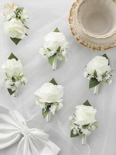 6Pcs Ivory White Rose Boutonniere for Men Wedding, Dance Party | Groomsmen Groom and Best Man Boutonniere for Wedding, Rose Boutonniere for Men Prom Homecoming Anniversary Party - color: White Boutonniere 6pcs