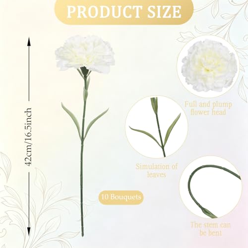 White Carnations Artificial Flowers 10Pcs Large Carnations Heads Lush Silk Flowers Bouquet with Stems for Wedding Bouquets Bridal Home Table Centerpieces(White) - color: Ivory