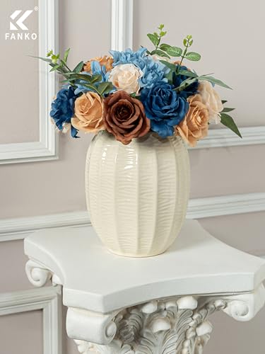 FANKO Artificial Flowers for DIY, Blue Brown Faux Flowers Bouquet, Fake Flowers with Roses Dahlia Silk Flowers for Vase, Home Decor, Wedding Centerpiece, Father’s Day, Party - color: Brown & Blue