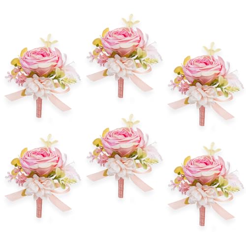 AuroraAria Pink Boutonniere for Men,Set of 6,Groom Boutonniere for Wedding,Anniversary,Homecoming,Formal Dinner Party,Wedding Decor,Artificial Pink Rose - color: Pink