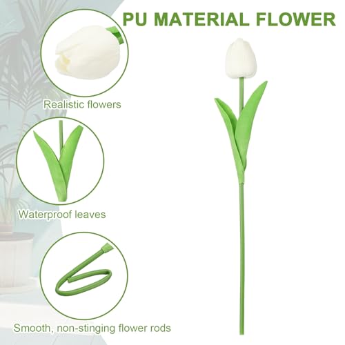 uxcell 20pcs Tulips Artificial Flowers, Faux Flowers Silk Fake Tulip Stems Real Touch for Wedding Bouquet Centerpiece Table Party Decoration(Pure White) - color: Pure White