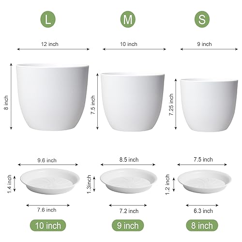WSMKSZ 12/10/9 inch Large Plant Pots, 3 Pack Modern Decorative Plastic Planters with Drainage Holes and Saucers, Flower Pots for Indoor Outdoor Plants, White - color: White, size: 12"+10"+9"